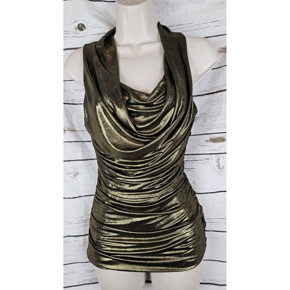Express Gold Metallic Draped Ruched Top S Cowl Neck Sleeveless Womens Holiday